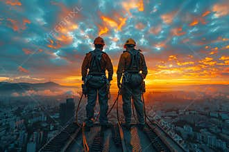 Workers in safety harness on blur sky background, securing attachment between objects