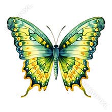 Green and Yellow Butterfly With Detailed Wing Patterns in Watercolor Style on a White Background