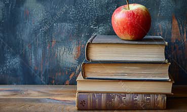 A Red Apple Resting Atop Stacked Books On Wooden Table