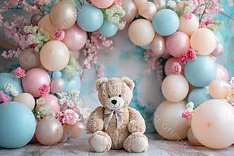 A teddy bear is sitting in front of a pink and blue archway of balloons