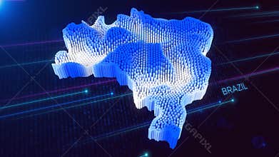 Digital 3D Perspective Dynamic Rippling Map of Brazil in Blue and White, Set Against Dark Futuristic Background