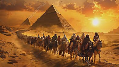 Epic Exodus from Egypt as a vast caravan journeys through the desert towards freedom. The breathtaking backdrop of the