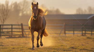 Majestic horse running on a field during sunset, golden light, outdoor scene, farm background, animal, equestrian