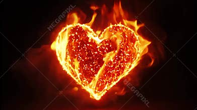A heart made of fire is lit up in the dark, dramatic and intense mood