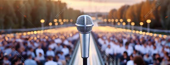Microphone against a blurred background of a large crowd, symbolizing public speaking or live performances.