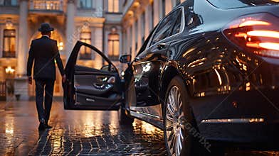 Generative AI Chauffeur opening door of luxury car business concept.