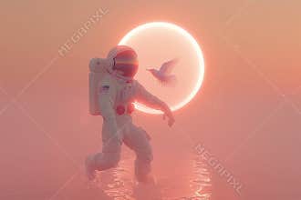 Astronaut walking on water with bird in front of sun in pastel pink and orange minimalist digital art