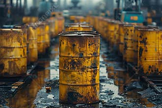 Hazardous transport toxic chemicals in yellow barrels, radiation warning, chemical waste