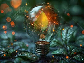 Green Innovation news conception. Light bulb with coins beside and young plant on top concept put on the soil in soft