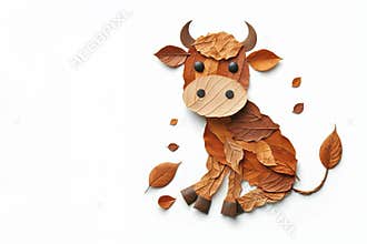 Cow made of leaf isolated on white, autumn craft for kid, animal clip art collage made of dry dead leaves, fall DIY