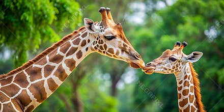 A mother giraffe nuzzling her calf AI Generative