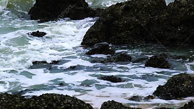 Sea waves breaking on big rock on the beach of Pattaya city.