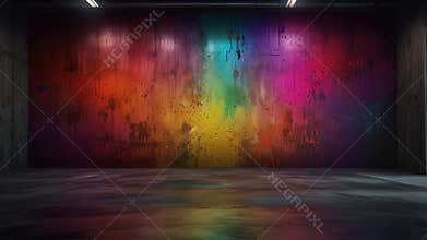 Zoom in on a concrete room with a paint splash colorful wall