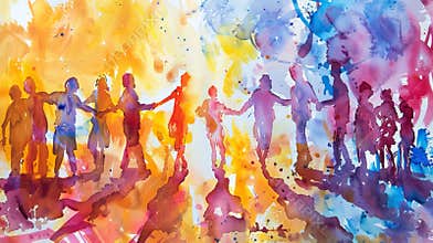 Watercolor painting of diverse people holding hands, Concept of unity, community, friendship