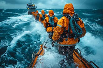 Crew boat transferring passengers and cargo to supply vessel in offshore oil and gas industry