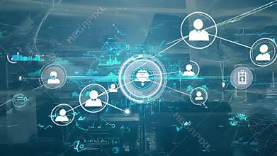 A 3D visualization of the flow of information between individuals and institutions constantly monitored and tracked by