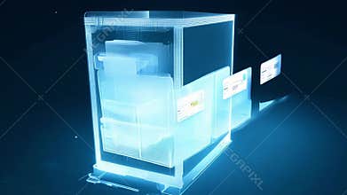 A hologram of a filing cabinet opens revealing virtual folders organized for easy access to tax documents..