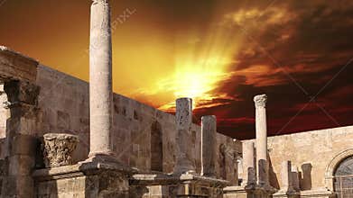 Roman Theatre in Amman, Jordan . Against the sunset. 4K, time lapse