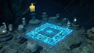 A dimly lit cave features a mystical altar adorned with glowing blue symbols, surrounded by candles and ancient artifacts