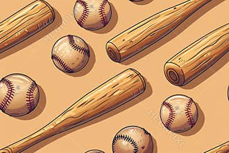 A Seamless Pattern of Baseball Bats and Balls in Warm Tones
