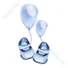 Watercolor baby boy clipart blue cute shoes with balloons illustration. Hand drawn new born clothes, boots on balls for baby