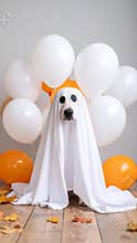 Dog in a ghost costume with balloons and autumn leaves for Halloween
