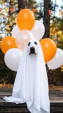 Dog dressed as a ghost with orange and white balloons for Halloween celebration
