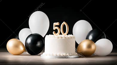 White birthday cake displaying golden number 50 candle, surrounded by black, white, and gold balloons on a dark background