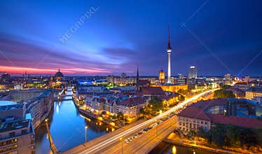Berlin Skyline City Panorama with blue sky sunset and traffic - famous landmark in Berlin, Germany, Europe