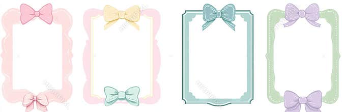 A hand-drawn set with a vintage feel, showcasing bow frames with ribbon borders. The doodle-style sketches and