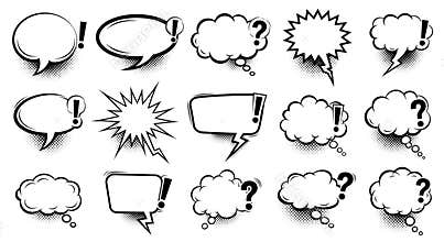 Set of black and white comic speech and thought bubbles with exclamation and question marks