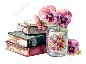 Watercolor illustration of books and pink pansies in a clipart style, on white background Detailed, no shadows Reading scene with