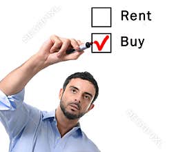 Business man choosing rent or buy option at formular real estate concept