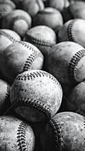 Vintage Baseball Pile in Black and White Close Up Sport Equipment