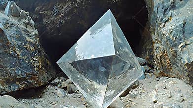 Mysterious Shimmering Octahedral Crystal Artifact Discovered Deep Within a Dark Rocky Cave Entrance