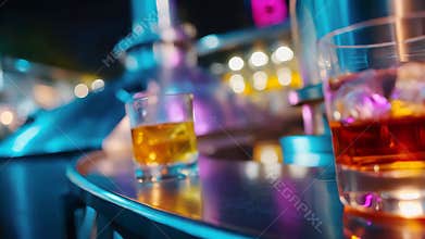 Whiskey or brandy glasses on a stainless table in a modern distillery setting with neon bokeh