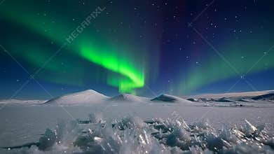 green aurora borealis above icy plains, glittering ice crystals foreground