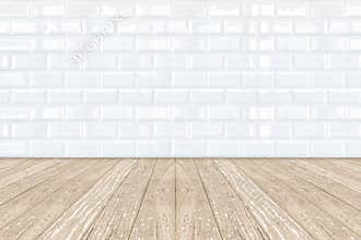 White Ceramic brick tile wall and wooden floor