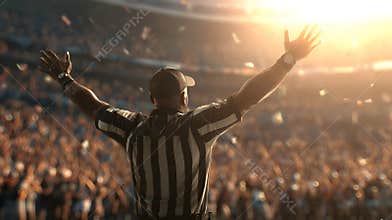 Referee signaling touchdown with arms raised in packed football stadium at sunset, triumphant energetic moment