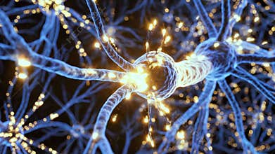 glowing synapse fires electric transmission pulses. Microscopic axon and