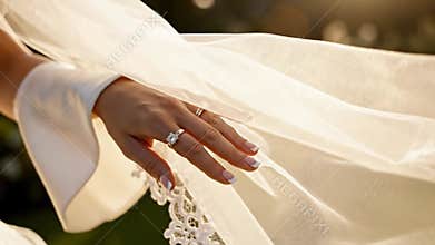 Bride hand with wedding ring closeup