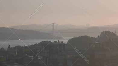 Historic Tower And Istanbul Skyline With Bosphorus Bridge At Sunrise