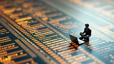 Small programmers with laptops exploring printed source code with comments -
