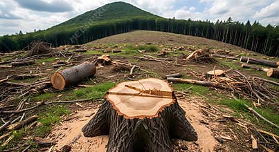 Deforestation site with freshly cut tree stumps and logs scattered across the ground