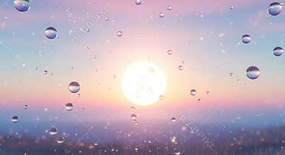 Water droplets floating in air with sunny sky background