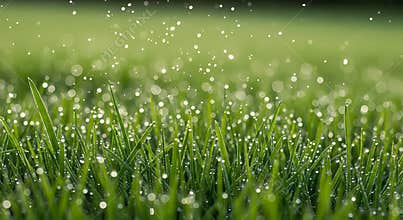 Fresh green grass with dew drops falling gently in a serene natural setting outdoors in morning light