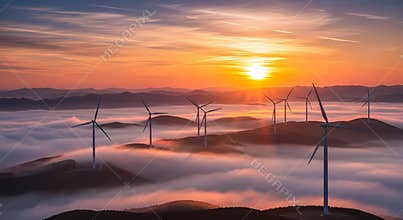 Wind turbines on hills at sunrise with foggy valleys and mountains