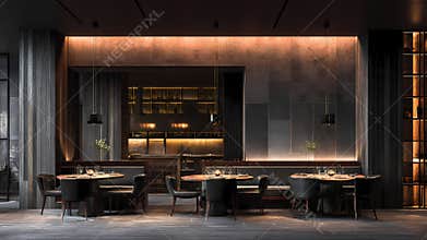 Modern restaurant interior with tables and chairs in a dimly lit dining area