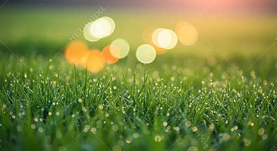 Close up of dewy grass with bokeh lights in the background at sunrise or sunset