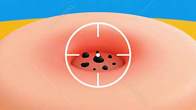 Illustration of blackheads on skin with targeting crosshair for dermatology concepts